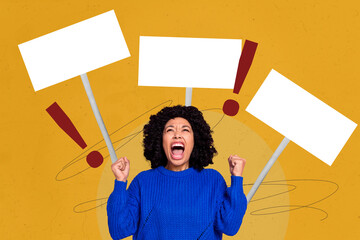 Creative collage stressed young woman panic scream shout irritated exclamation mark attention...