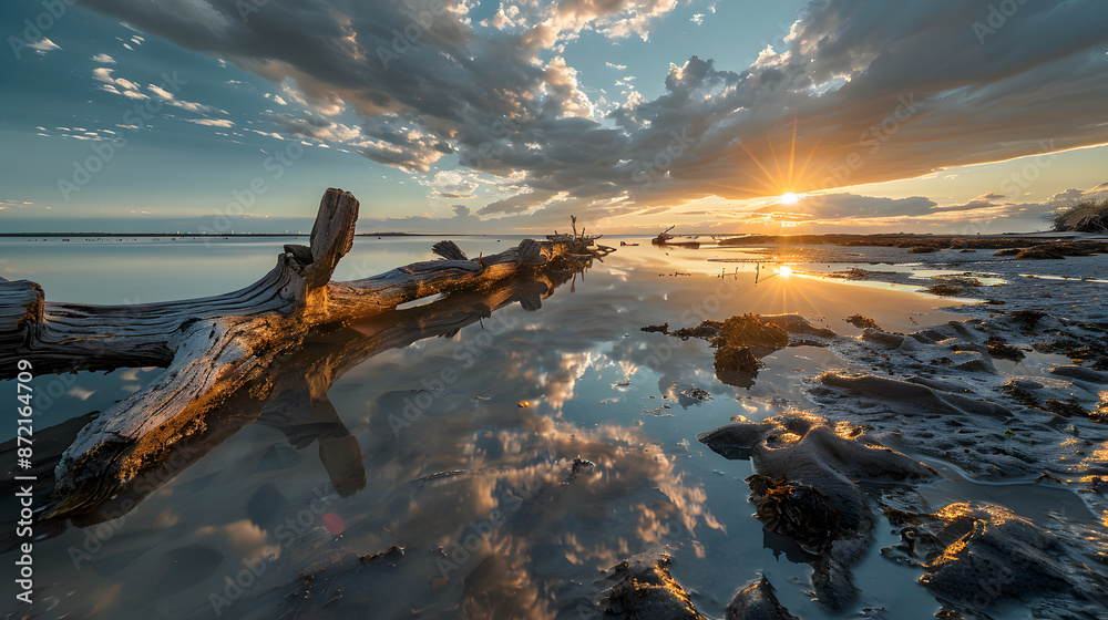 Wall mural a large log is floating in the water, with the sun setting in the background