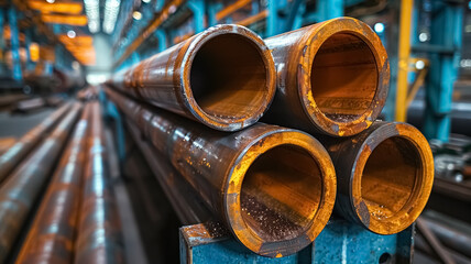 Stack of steel pipes in a metallurgical plant, factory or workshop. Heavy industry and iron materials.