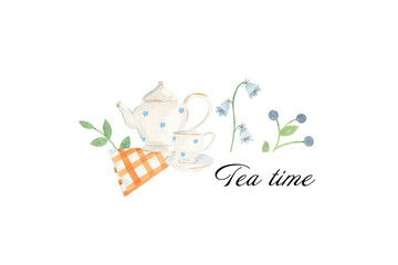 Watercolor frame, hand drawn. Tea time set with kettle and tea cup decorated forget-me-not blue flowers, on white background. Bridal shower, wedding, birthday template. Kitchen decoration
