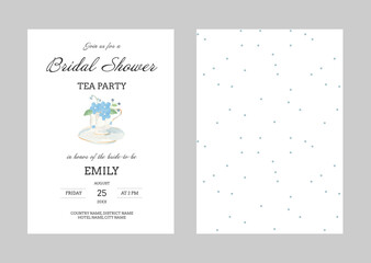 Watercolor hand drawn set of two postcards with white tea cup decorated blue flowers bridal shower invitation wedding postcard template, isolated templates. 
