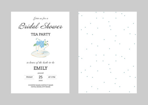 Watercolor hand drawn set of two postcards with white tea cup decorated blue flowers bridal shower invitation wedding postcard template, isolated templates. 