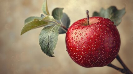   Red Apple Close Up on Tree Branch with Water Droplets