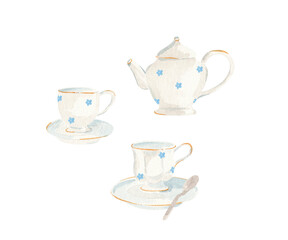 Fototapeta premium Set of hand drawn watercolor illustrations of white kettle and two tea cups in vintage retro style with decorated small forget-me-nots blue flower ornaments