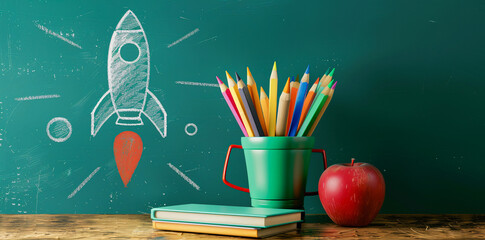 A rocket made of crayons and colored pencils sits on a school desk with books in front of a chalkboard background. An apple and a space drawing are also on the desk in the style of a back to school co