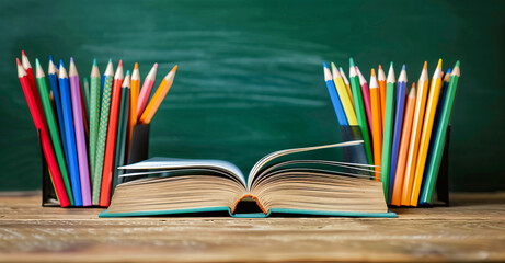 A rocket made of crayons and colored pencils sits on a school desk with books in front of a chalkboard background. An apple and a space drawing are also on the desk in the style of a back to school co