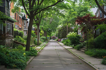 Obraz premium Quiet residential street lined with charming houses and abundant greenery, creating a peaceful, suburban atmosphere perfect for a relaxing stroll.