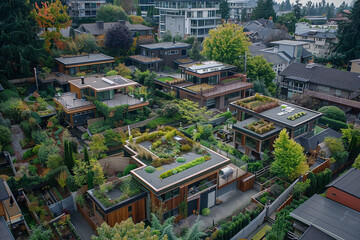 Modern eco-friendly residential area with green rooftops and abundant plants, showcasing sustainable urban living and innovative architecture.