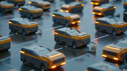 A row of autonomous vehicles, each with a distinctive orange and grey color scheme, are parked in a neat line, suggesting a futuristic urban setting.