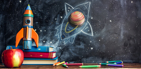 A rocket made of crayons and colored pencils sits on a school desk with books in front of a chalkboard background. An apple and a space drawing are also on the desk in the style of a back to school co
