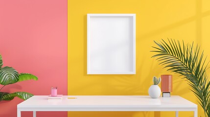 Clean and colorful office mockup with a minimalist white desk, vibrant pink decor, and an empty white frame on a yellow wall in a  orientation.