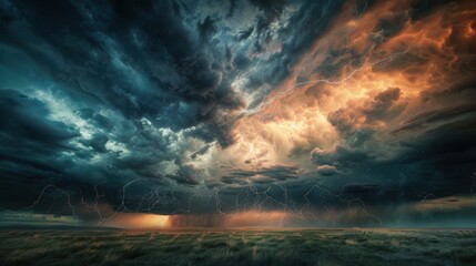 Dramatic thunderstorm over a vast prairie, dark clouds swirling with flashes of lightning illuminating the landscape, capturing the raw power of nature.