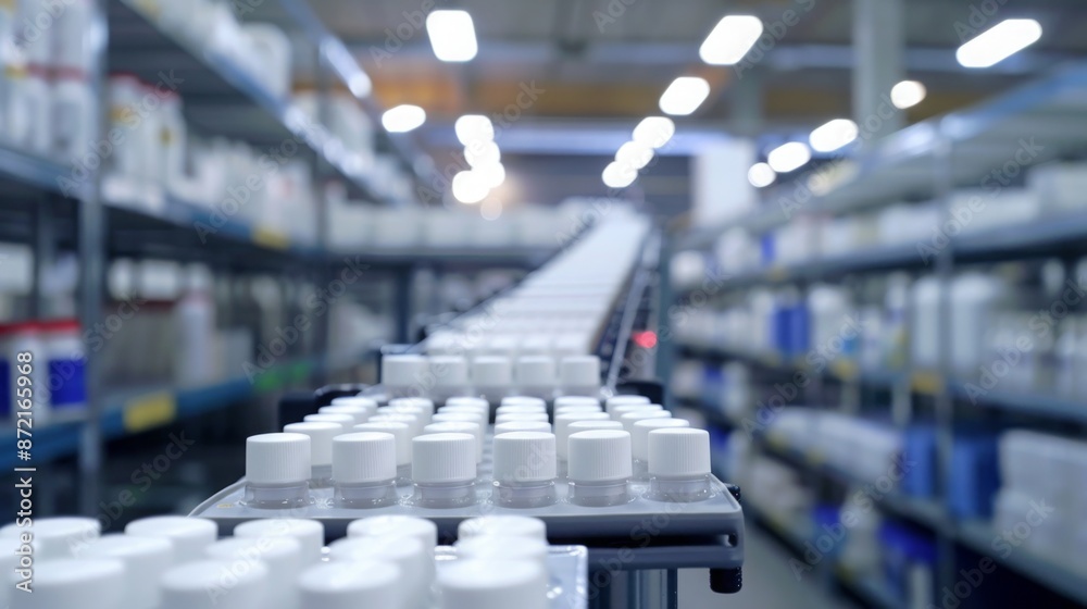 Aufkleber white containers are moving along a conveyor belt in a factory. the containers are being transported