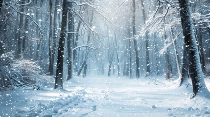 Naklejka premium a peaceful winter scene in a snow-covered forest, soft snowflakes gently falling, creating a serene and magical atmosphere with trees blanketed in white.