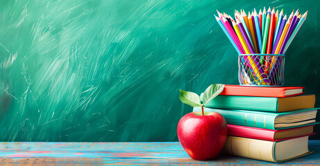 A rocket made of crayons and colored pencils sits on a school desk with books in front of a chalkboard background. An apple and a space drawing are also on the desk in the style of a back to school co