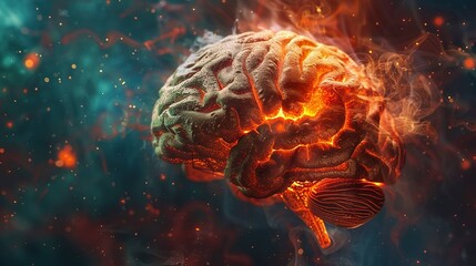 A brain glowing with fire, human health and medicine for brain