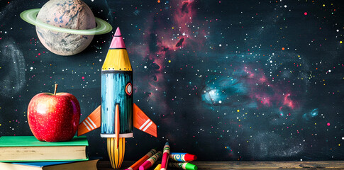 A rocket made of crayons and colored pencils sits on a school desk with books in front of a chalkboard background. An apple and a space drawing are also on the desk in the style of a back to school co