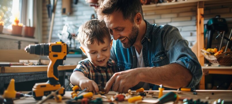 Father and Son Building Wooden Toy in Home Garage Workshop - Family Bonding DIY Project Concept