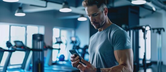 In the gym, a man is using a smartphone with hightech holographic technology for fitness and health monitoring AIG62