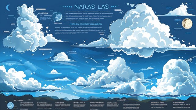 Illustrative infographic on the different types of clouds, such as cirrus, cumulus, stratus, and nimbus with writing space and open area for notes