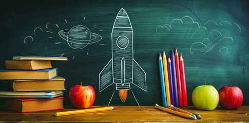 A rocket made of crayons and colored pencils sits on a school desk with books in front of a chalkboard background. An apple and a space drawing are also on the desk in the style of a back to school co