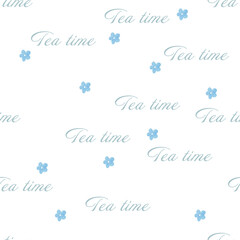 Tea time with Myosotis blue random flowers on white background seamless pattern