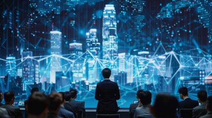 Business Conference with Futuristic Cityscape and Digital Network Overlay