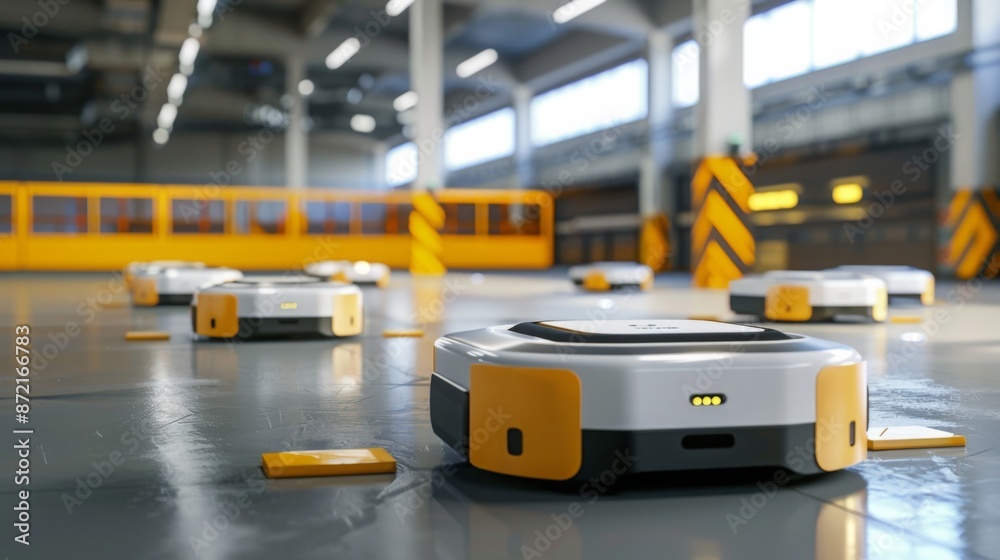 Poster Several yellow and white autonomous robots navigate a large warehouse floor, with a yellow train visible in the background.