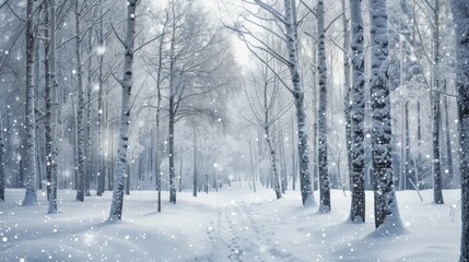 a peaceful winter scene in a snow-covered forest, soft snowflakes gently falling, creating a serene and magical atmosphere with trees blanketed in white.