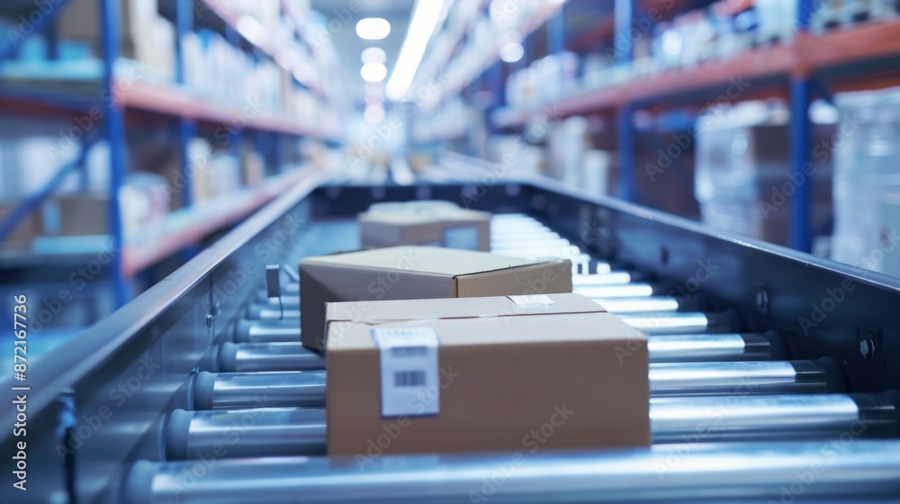 Poster a close-up view of cardboard boxes moving along a conveyor belt in a warehouse setting.