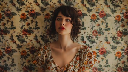 photo of woman wearing vintage dress on floral wallpaper background