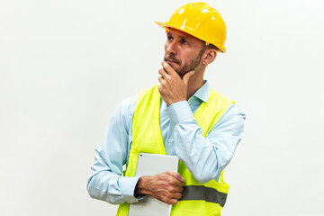 Portrait Caucasian engineer in protective vest and helmet on white background
