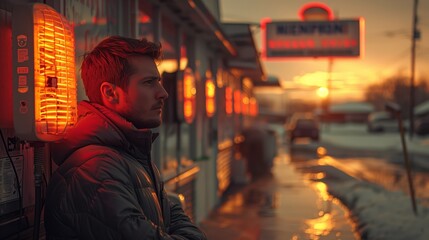 Fototapeta premium Man Standing by Heat Lamp Outside Restaurant at Sunset