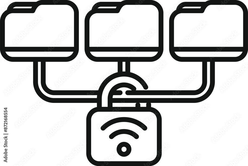 Poster wifi symbol inside a closed padlock securing data folders, representing network security