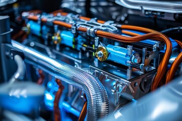 Electric Car Battery Cooling System Close-Up for Maintenance and Engineering Design