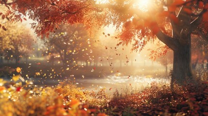 Autumn landscape with golden and red leaves, a gentle breeze blowing, and the sun shining through the branches, creating a warm, inviting scene.
