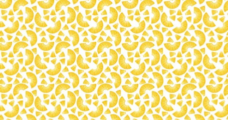 4K animated pattern of pineapple pieces moving from top to bottom. Juicy pineapple slices in a hand-drawn style creating a repeatable background. Horizontal video.