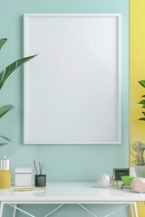 Clean and sleek office mockup with a white desk, vibrant yellow decor, and a blank white frame on a light blue wall.