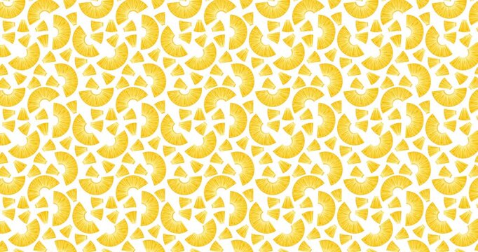 4K animated pattern of pineapple pieces moving from top to bottom. Juicy pineapple slices in a hand-drawn style creating a repeatable background. Horizontal video.