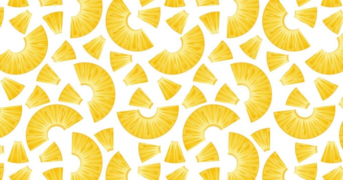4K animated pattern of pineapple pieces moving from left to right. Juicy pineapple slices in a hand-drawn style creating a repeatable background. Horizontal video.