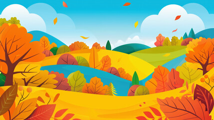 Autumn Landscape Background, Cartoon Style Vector Illustration Simple Shapes And Lines. Colourful Autumn Trees Hills Blue Sky, Clouds, River Flowing Through, Falling Leaves Flat Design