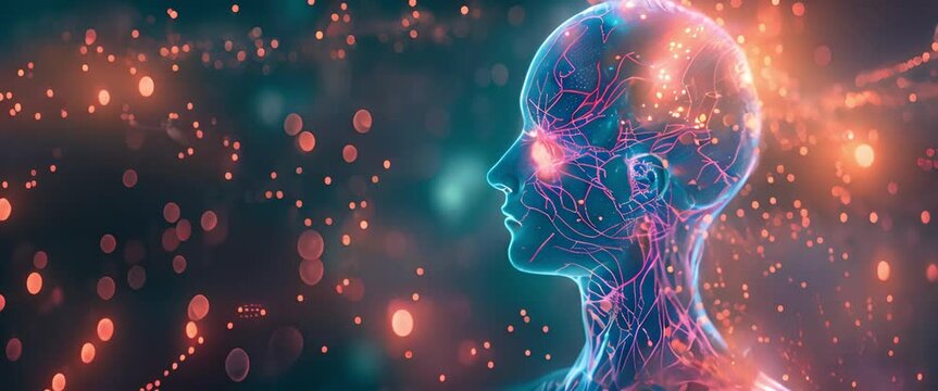 a holographic schematic of the human body featuring the neural connections between the head and brain as well as the organ structures on an abstract, light-filled background
