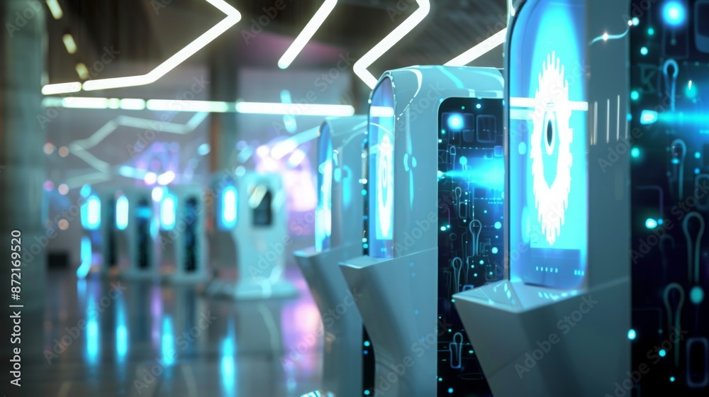 Leinwandbilder Futuristic digital kiosks with glowing screens and abstract designs stand in a modern space, illuminated by blue and white light to create a dynamic atmosphere.
