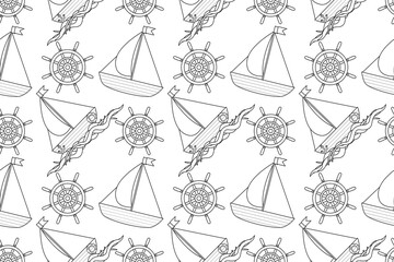 Detailed seamless pattern with sailboats and ship wheels. Perfect for nautical-themed coloring pages and creative projects.