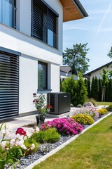 Modern Home's Lush Garden With Air Conditioner Unit