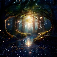 Enchanted Forest Glade with Magical Light and Fireflies