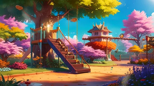 Playground in the middle of the city with full color animation, in a smooth looping background with 4K video animation 