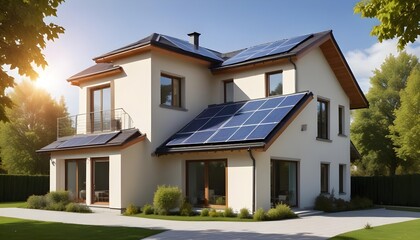 Modern elegent family house with solar panels on roof side