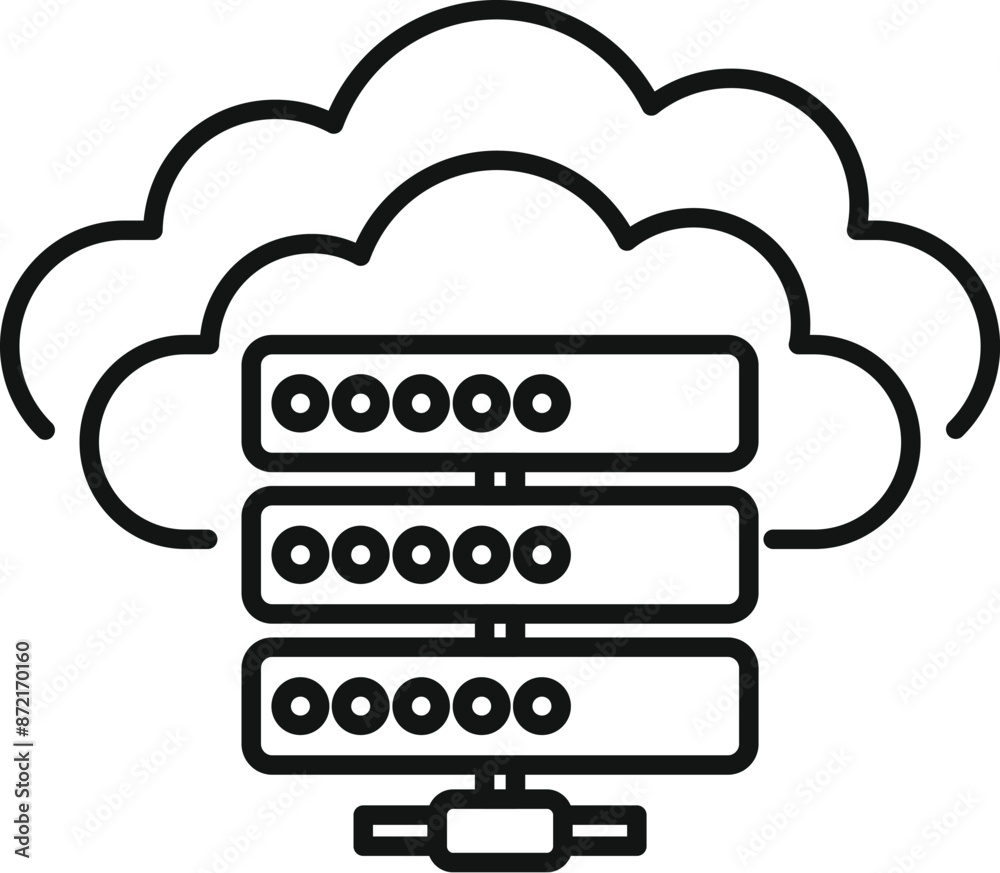 Poster line icon of a cloud computing server data center connecting to a network