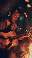 close-up Portrait hipster man, playing guitar